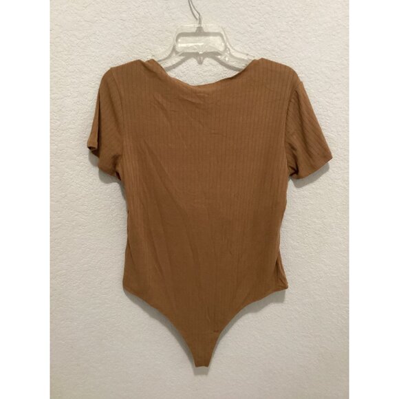 Wild Fable Brown Ribbed Short-Sleeve Tie-Front Bodysuit Size XL - Picture 3 of 4